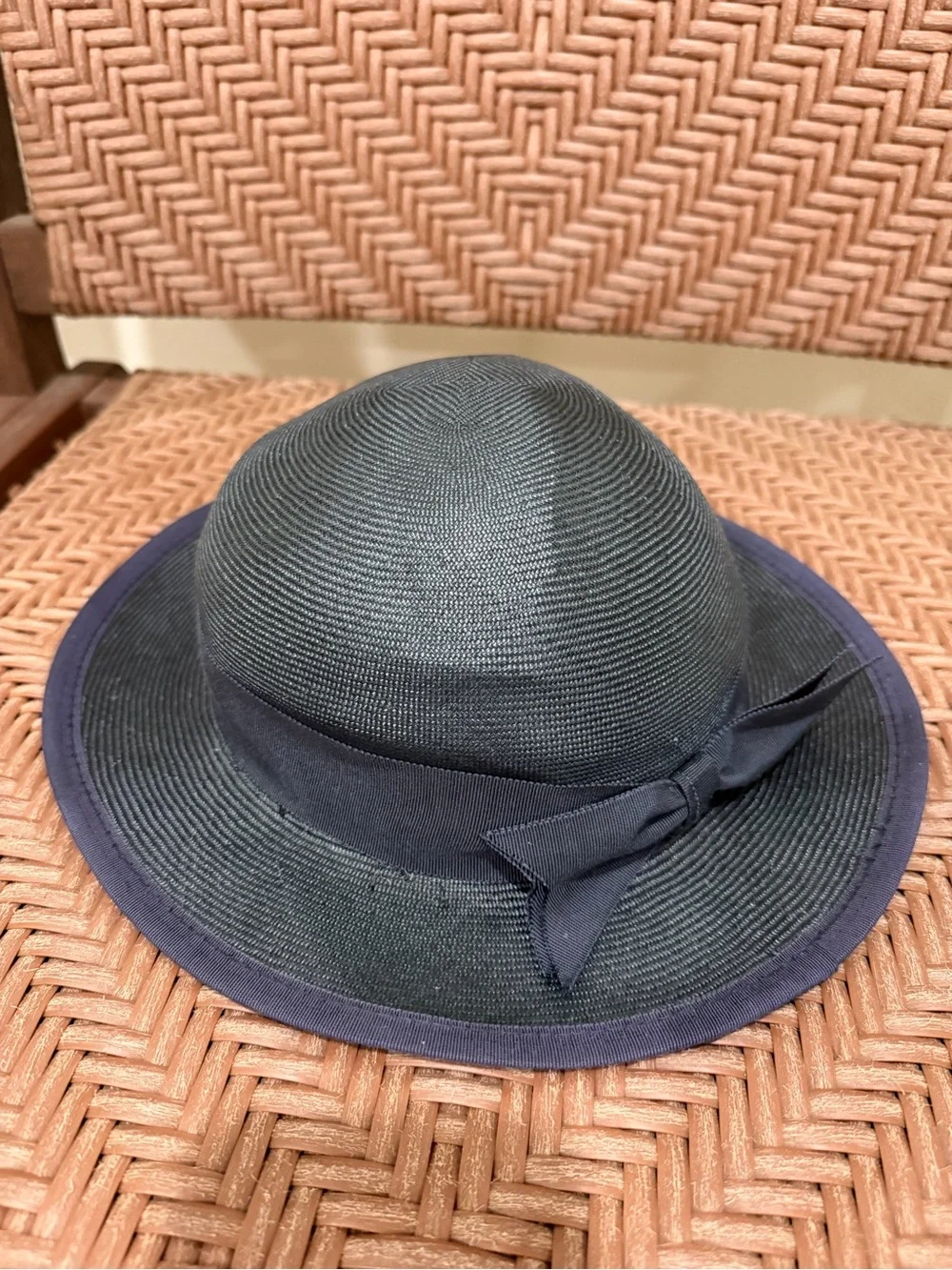 Vintage Women's Navy Straw Sun Hat with Ribbon Bow